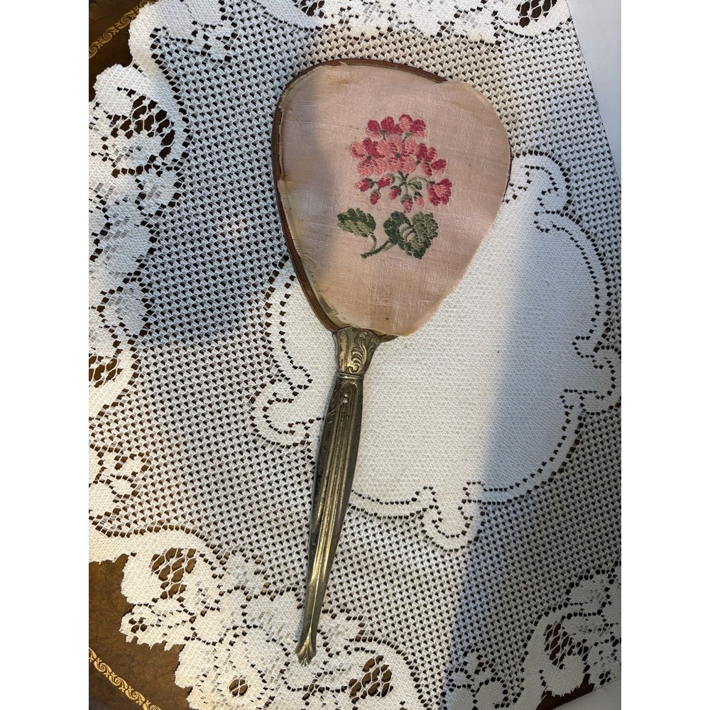 Vintage Hand Mirror Embroidered Floral Fabric Back Metal Decorative Handle 13in